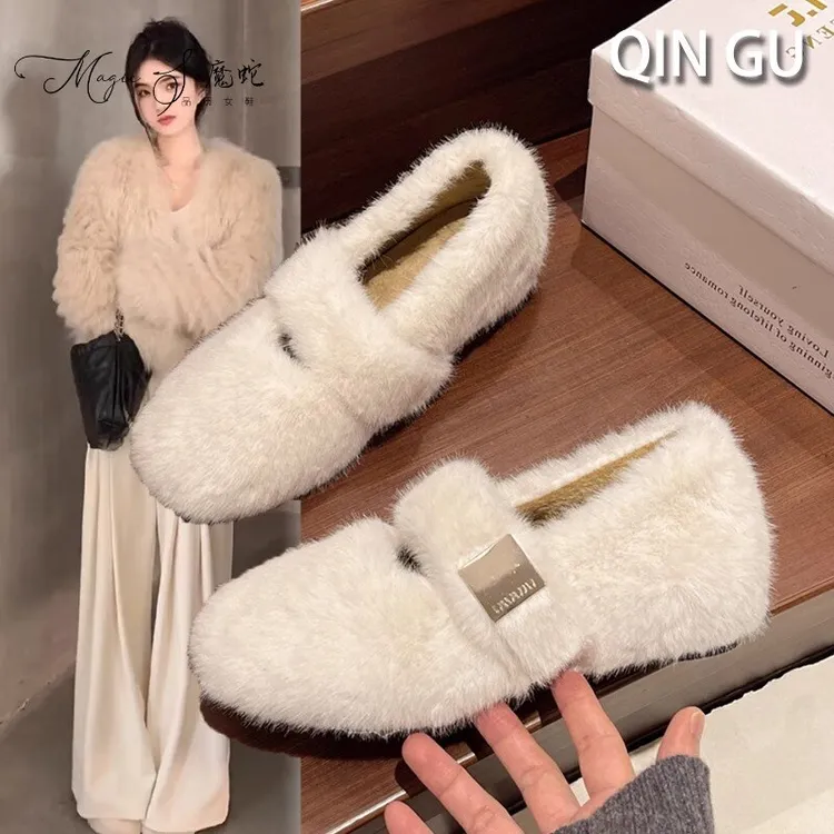 【万达撤柜】法式绝美毛毛鞋女外穿秋冬季内增高加绒豆豆鞋厚玛丽珍