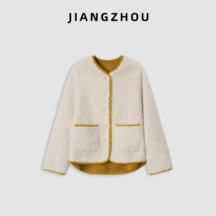 江洲【糖糕】秋冬新款设计感羊羔毛外套圆领宽松加厚保暖毛绒上衣