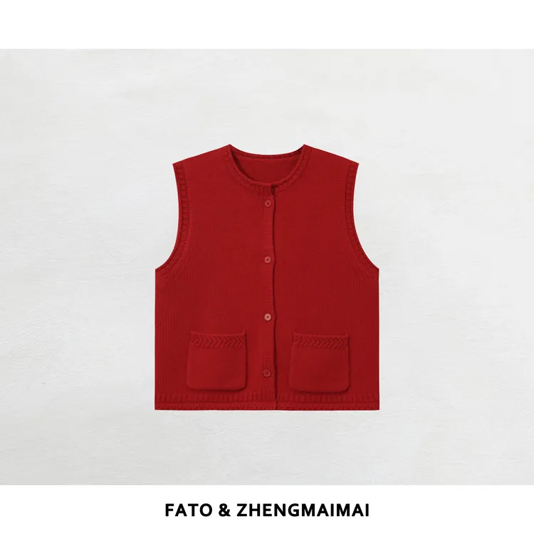 郑买买 山楂恋 秋冬新款百搭显瘦宽松休闲针织红色马夹 YZ51125J1