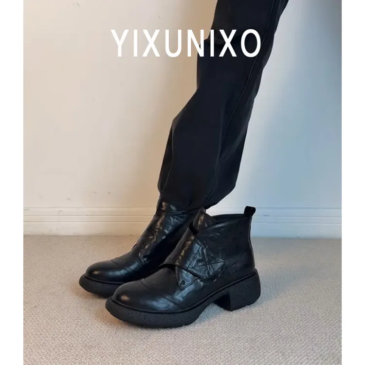 羊皮版~真皮复古厚底短靴女新款时尚增高粗跟魔术贴秋冬马丁靴子