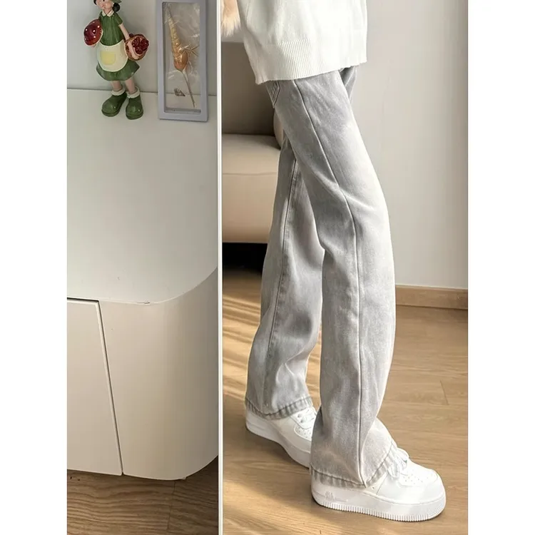 烟灰色弯刀牛仔裤男款高腰提档修身显瘦裤子美式高街vibe微喇叭裤