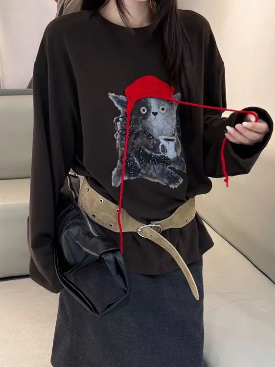 叁德（653#）韩系圆领休闲立体小猫帽子宽松长袖上衣kc