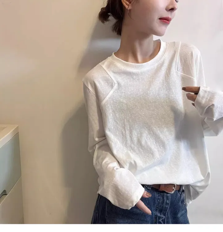 欧货圆领长袖t恤女基础春秋新款宽松简约设计感内搭打底衫上衣潮