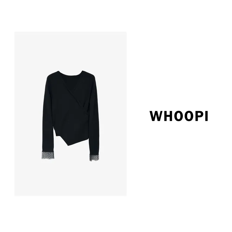 【Whoopi】气质波点蕾丝拼接V领针织衫