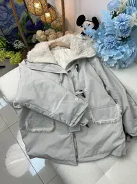 530区965灰白色女中长款拉链保暖翻领加绒冬季毛领冬款