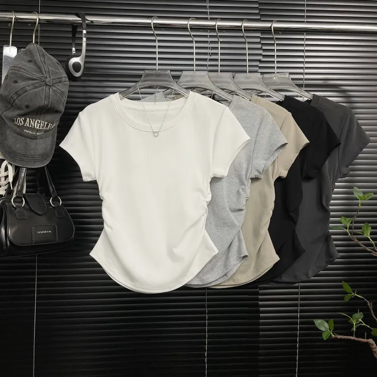 【现货发！】夏季圆领V领设计感褶皱收腰百搭显瘦纯色短袖正肩t恤女