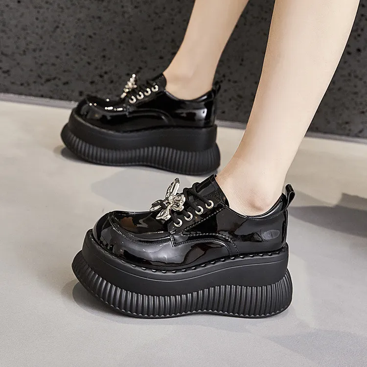 厚底乐福鞋女2025春季新款百搭英伦风小皮鞋松糕底坡跟内增高女鞋