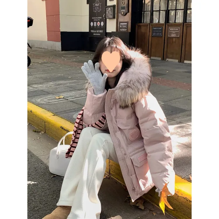 2025丹麦之冬极寒女短款加厚大毛领粉色工装派克服韩版羽绒棉服棉