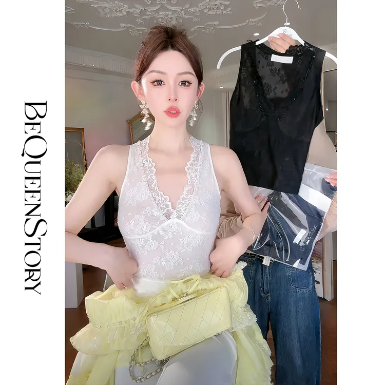 余潇潇【魅惑天使】轻奢时髦百搭性感蕾丝V领背心2025