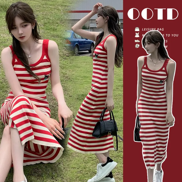 孕妇装夏季连衣裙2025新款时尚韩版修身显瘦无袖针织条纹吊带裙子