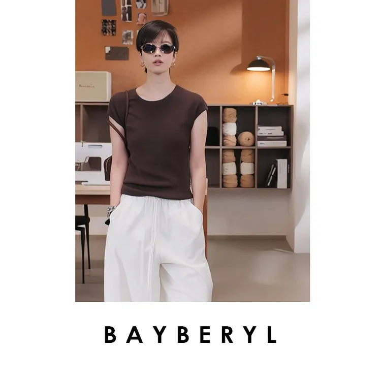 BAYBERYL老贝包袖天S三醋修身凉爽通勤圆领夏针织衫ZZS5G2404-8/9