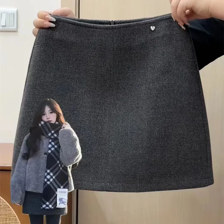 毛呢显瘦半身裙女秋冬外穿新款高腰防走光A字时尚包臀短裙子