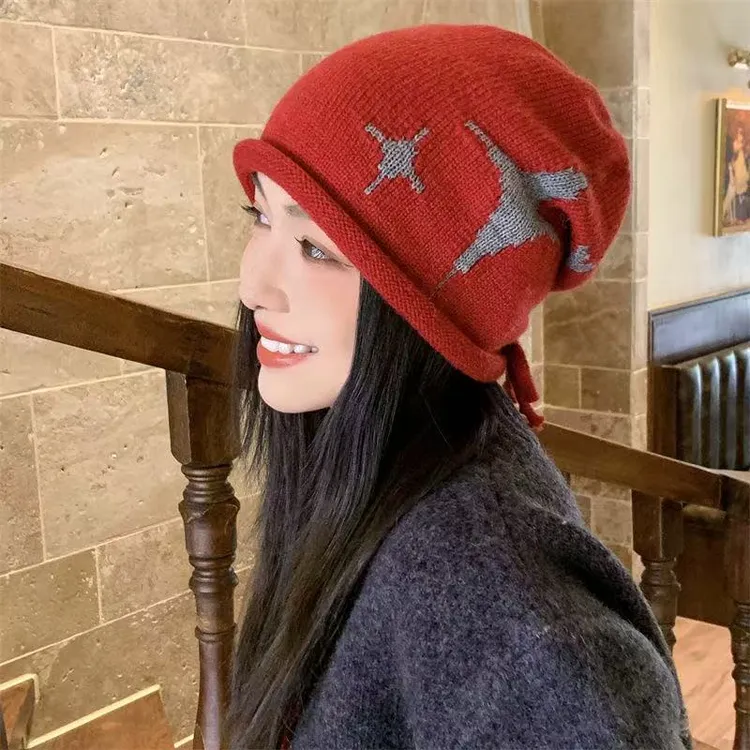 秋冬新款星星抽绳针织堆堆帽女韩版百搭休闲时尚显脸小护耳包头帽