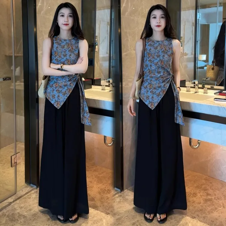 时尚套装女2025夏季新款时髦洋气设计感无袖碎花上衣阔腿裤两件套