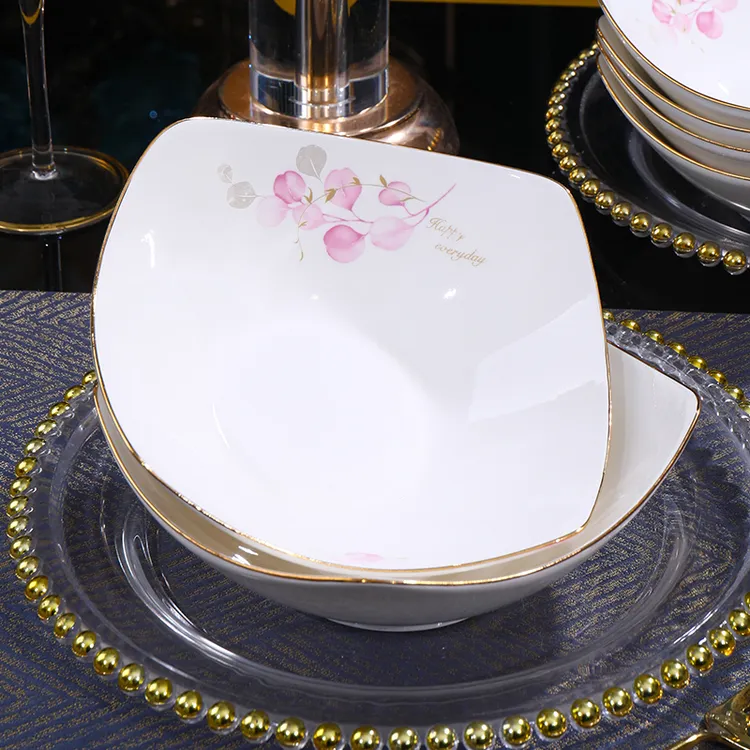 【2只装电光金粉色情怀】8英寸翘角碗陶瓷菜盘简约菜盘酒店家用创意