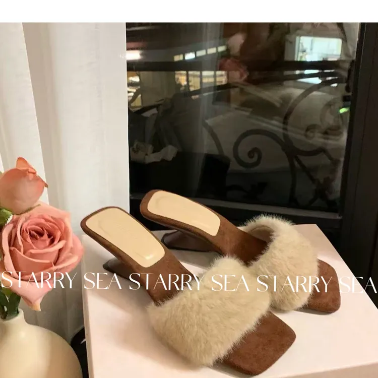 PP 法式名媛高跟毛毛一字拖仙女风坡跟露趾方头凉拖鞋#PP0096XZ