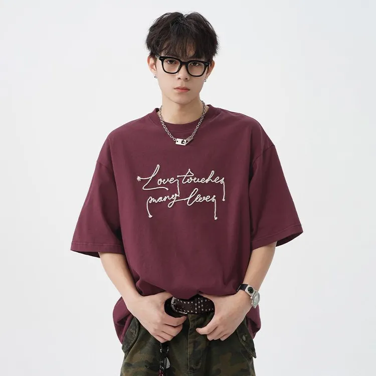 夏季免烫港风T恤男士砖红色短袖ins男士印花休闲情侣国潮百搭