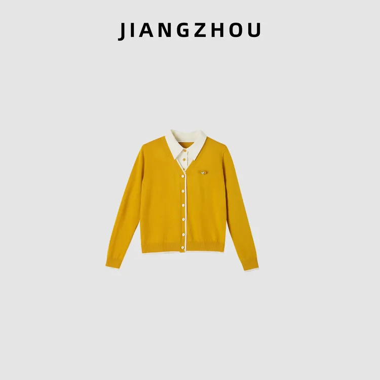 江洲【曦光】秋冬新款设计感假两件翻领羊毛针织衫拼接条纹衬衫叠穿