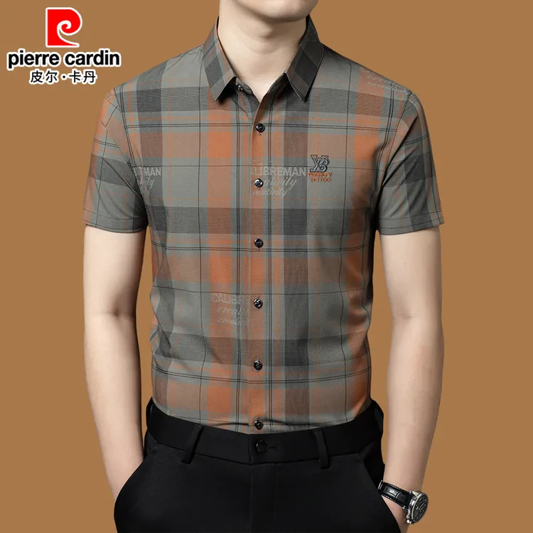 皮尔卡丹正品男士短袖衬衫夏季新款男士高档抗皱时尚轻奢格子衬衣