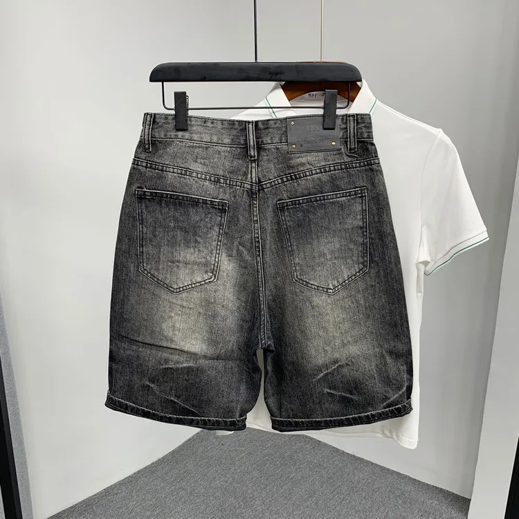 高街时尚潮牌拼皮拼接印花牛仔短裤男2025夏季水洗蓝色修身4分裤
