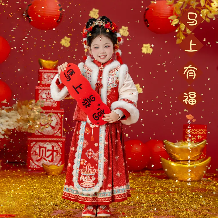 古月家.福运 汉服女童冬儿童新中式国风加厚拜年服女孩马面裙套装