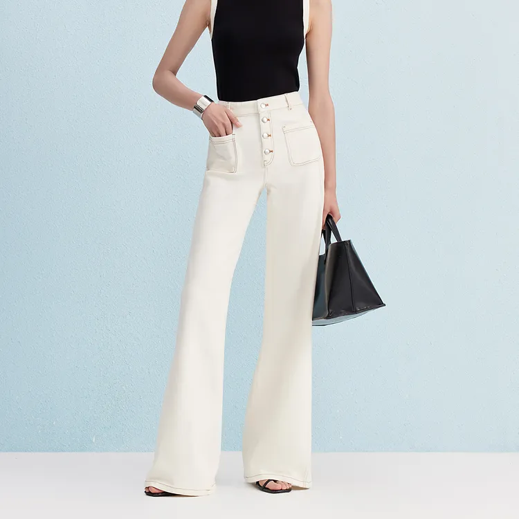 Vero Moda牛仔裤女【COCO】含棉纽扣高腰显瘦微喇老钱风325332020