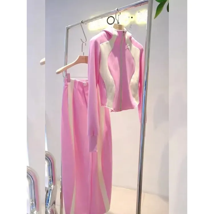 高级感鱼骨运动服套装女春秋欧货休闲时尚粉色卫衣两件套炸街减龄
