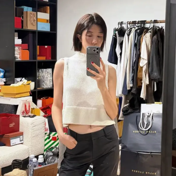 ROMI STUDIO亚麻莱赛尔混纺粗针钩织宽松A摆毛织背心RWCWSG5396