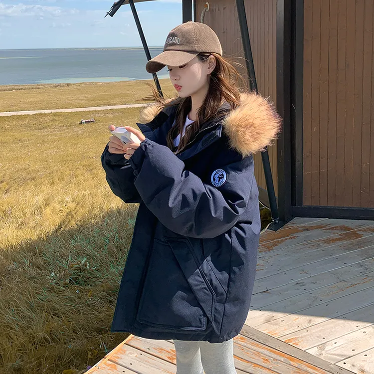 藏青色小个子学院风派克羽绒服女连帽2025新款加厚大毛领工装外套