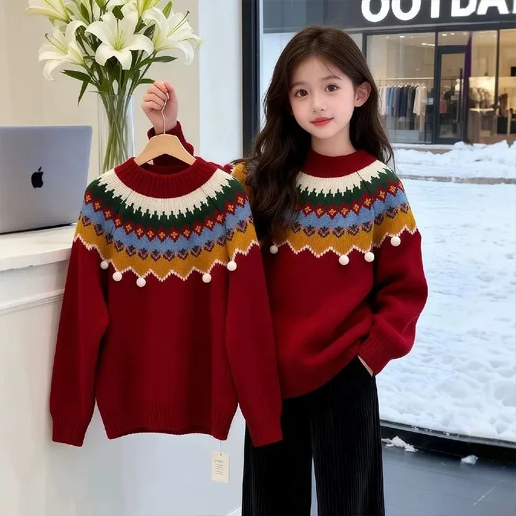 女童红色费尔岛加厚针织毛衣冬季保暖喜庆上衣新年拜年服