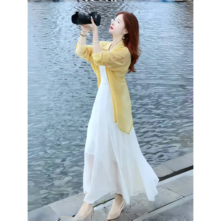 高级感连衣裙女士2025夏季新款冰丝防晒衬衫吊带裙两件套装长裙子