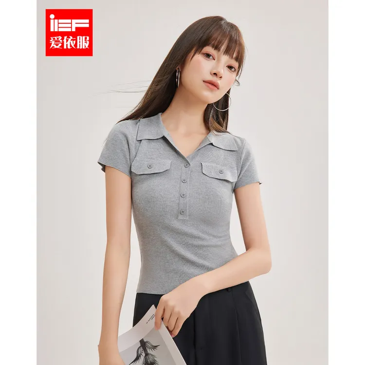 IEF/爱依服2025新款夏季休闲风短袖显瘦纯色洋气气质毛织上衣