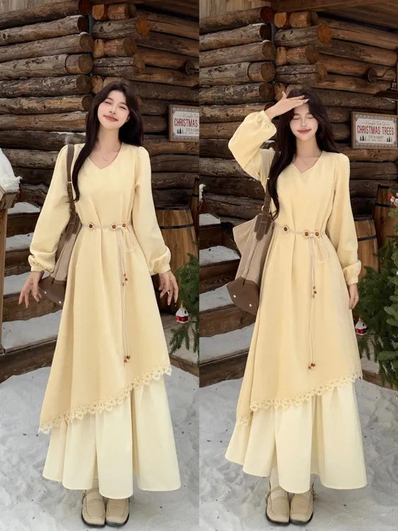 大码秋冬法式温柔风气质连衣裙高级感感拼接假两件长裙9955