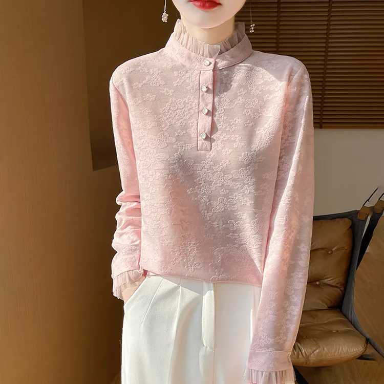 品牌时尚正品春秋小香风针织衫半高领蕾丝花边打底衫女士内搭上衣