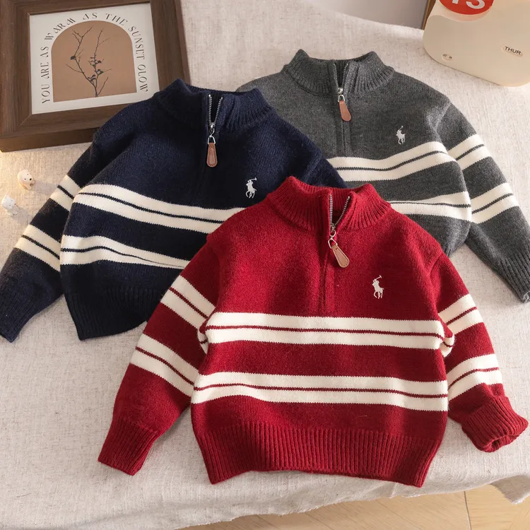男童半拉链加厚条纹针织衫儿童毛衣2025秋冬新款中小童简约打底衫