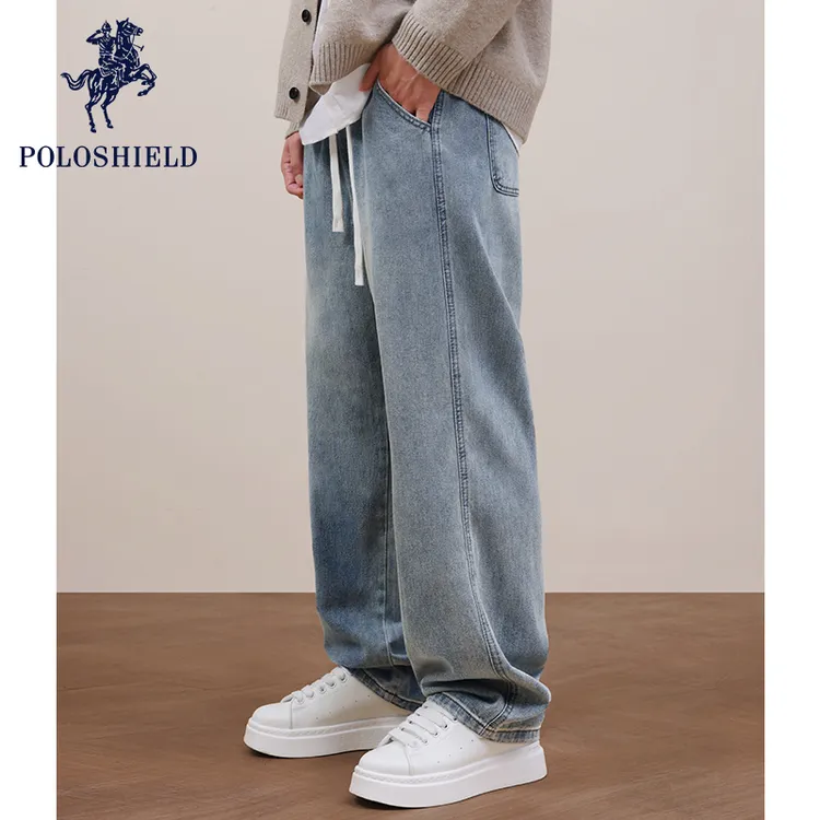 POLOSHIELD保罗希尔德秋冬软牛仔男女松紧百搭宽松垂感直筒牛仔裤