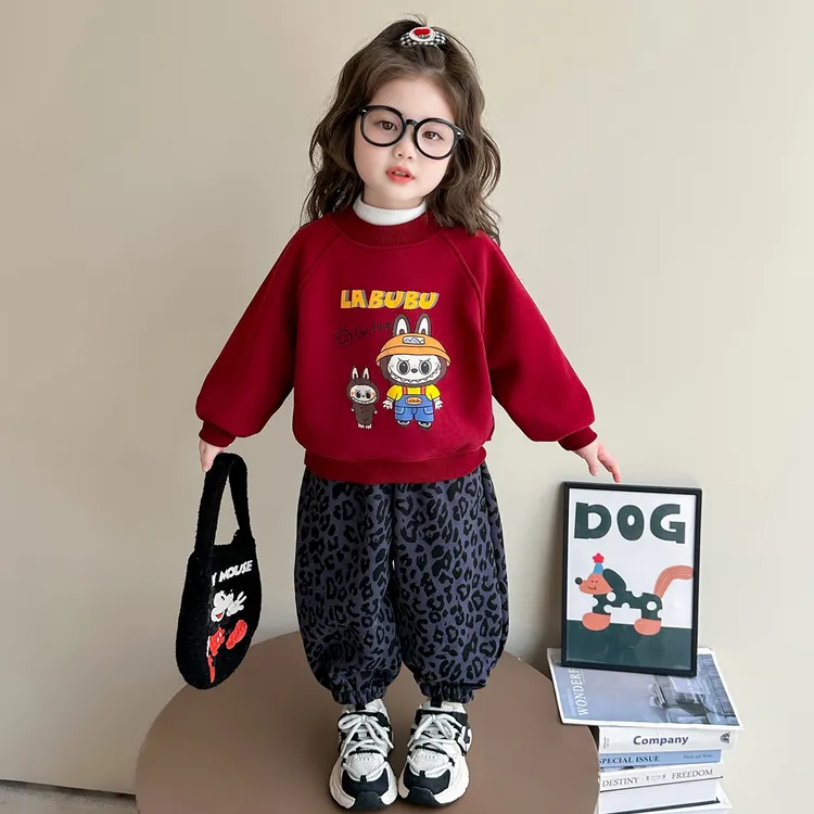 女童加绒卡通卫衣套装洋气儿童秋冬季加厚豹纹裤两件套女宝宝休闲