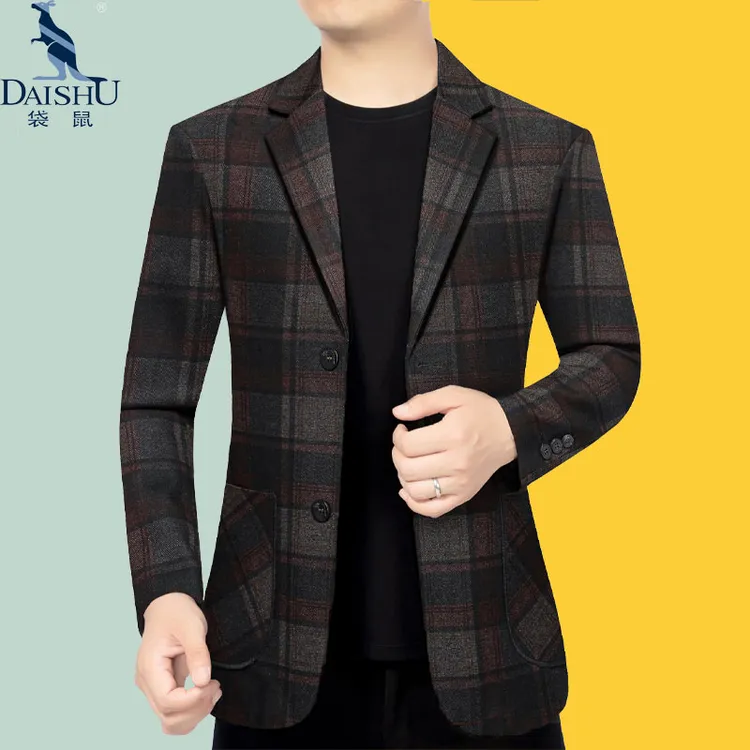 袋鼠春秋款休闲西装男士外套高档西服上衣爸爸装单西格子韩版薄款