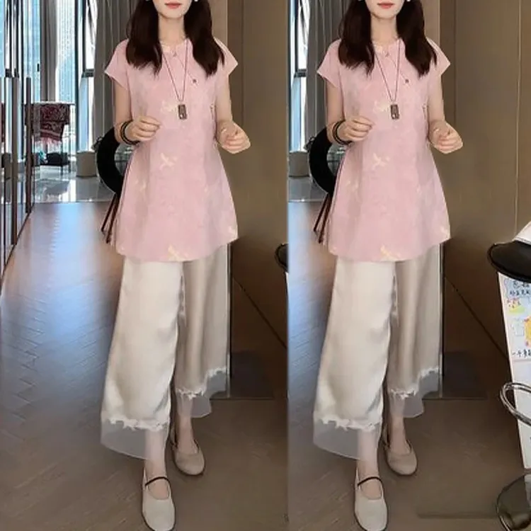 新中式国风盘扣粉色上衣夏季2025新款小个子阔腿裤子穿搭两件套装