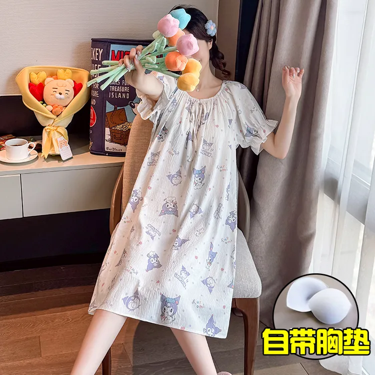 夏季女士睡裙短袖云朵棉带胸垫甜美卡通学生日系过膝可外穿家居服