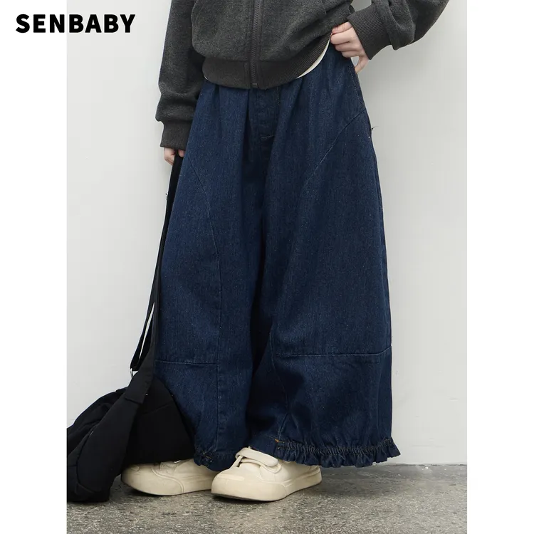 senbaby童装 女童牛仔裤秋新款牛仔裤子长款宽松木耳边牛仔裤
