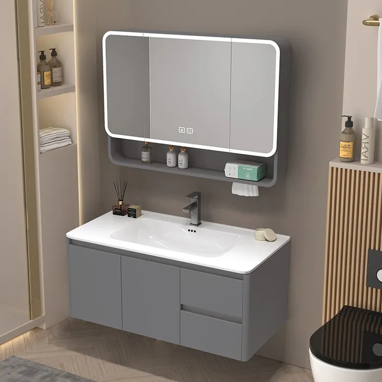 轻奢高级灰圆弧角浴室柜组合镜面陶瓷一体盆洗漱台卫生间洗脸盆柜