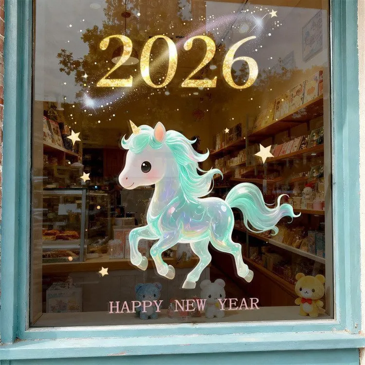 MOMO梦幻小马2026马年吉祥炫金元旦春节新年独角经典布置玻璃窗