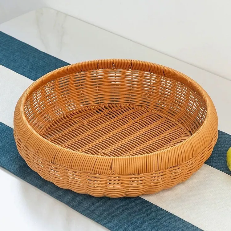 水果收纳筐果盘面包篮家用茶几圆形托盘茶盘仿藤编织厨房沥水盘