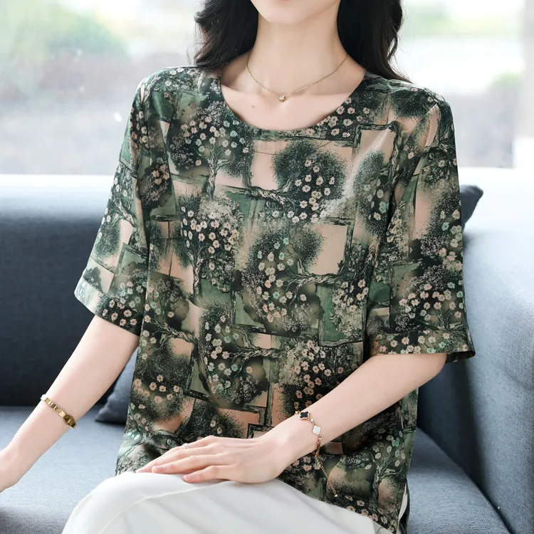 中老年女士夏季真丝短袖印花妈妈装桑蚕丝薄款宽松大码圆领T恤