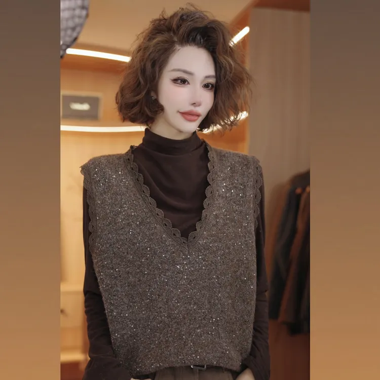 七奈 「伊青」百搭亮片花边休闲合身纯色马甲QN13769