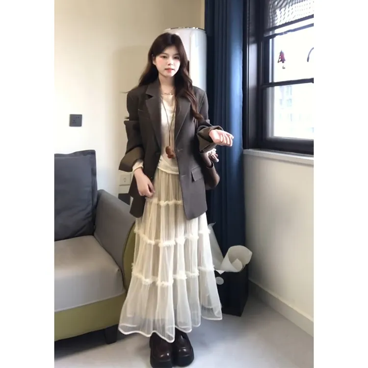 parkyeon复古气质高级感撞色毛边西装外套女蕾丝拼接半身裙套装
