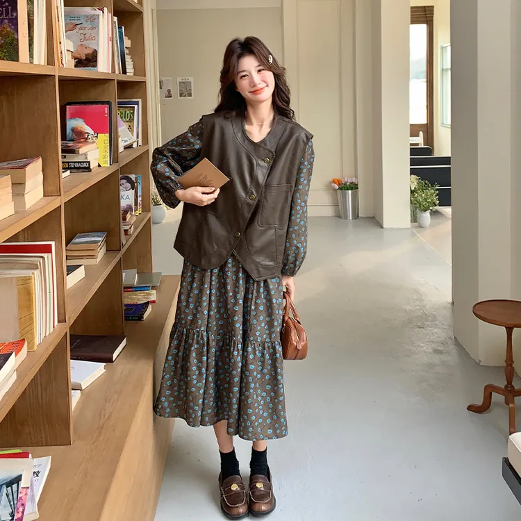 茶歇法式碎花连衣裙套装女2025早春新款高级感pu皮马甲两件套超火