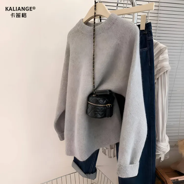 卡莲格/灰色圆领毛衣女秋冬新款慵懒宽松套头显瘦百搭软糯针织衫