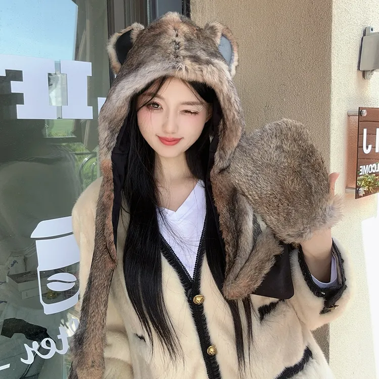 冬季毛绒猫咪耳朵保暖护耳兔毛雷锋帽子女冬天围巾手套一体三件套